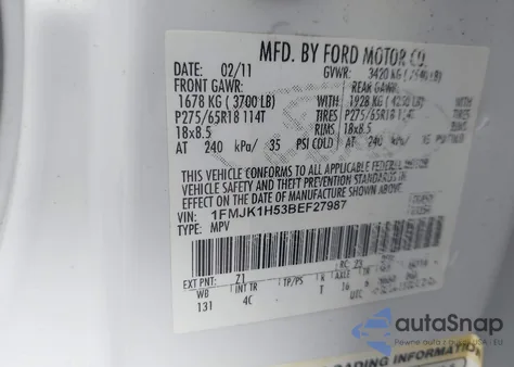 2011 Ford Expedition El Xlt из США, поврежденный, VIN 1FMJK1H53BEF27987